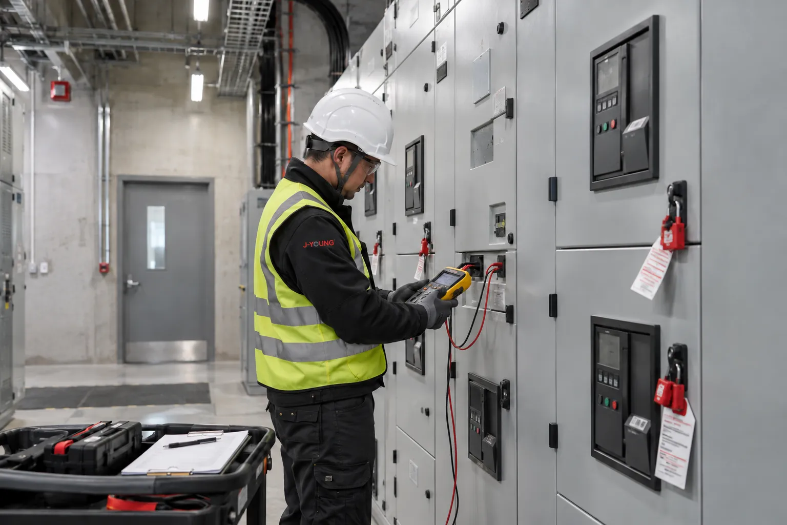 Commissioning technician testing a completed low-voltage switchgear lineup