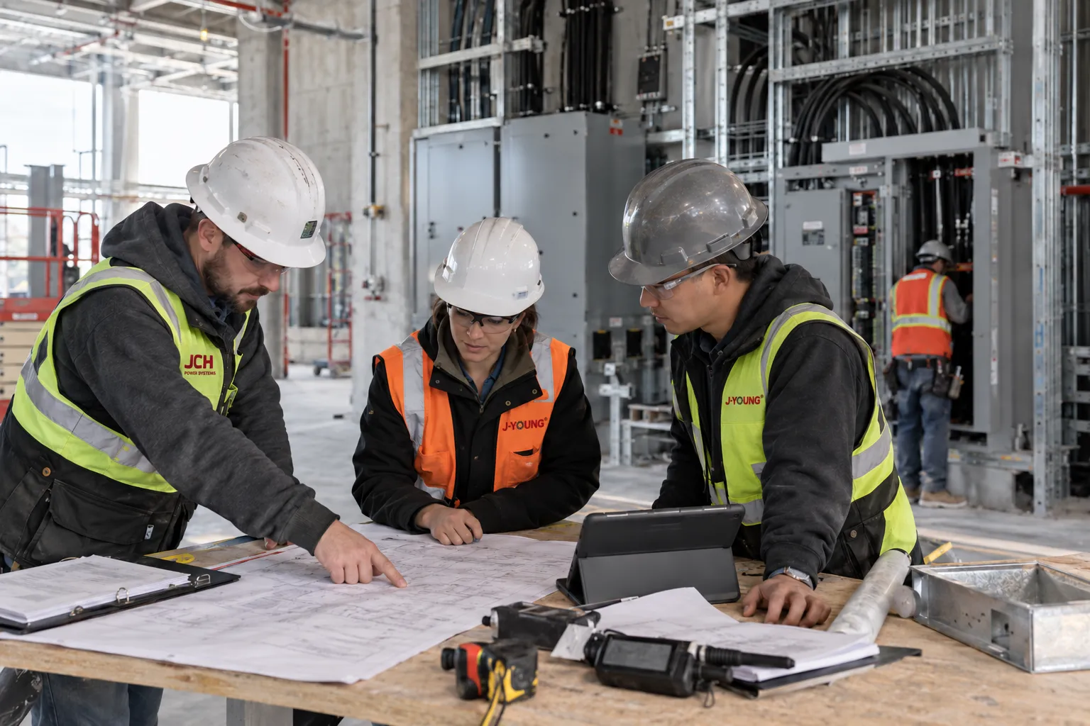 Project team coordinating an electrical installation at an industrial construction site